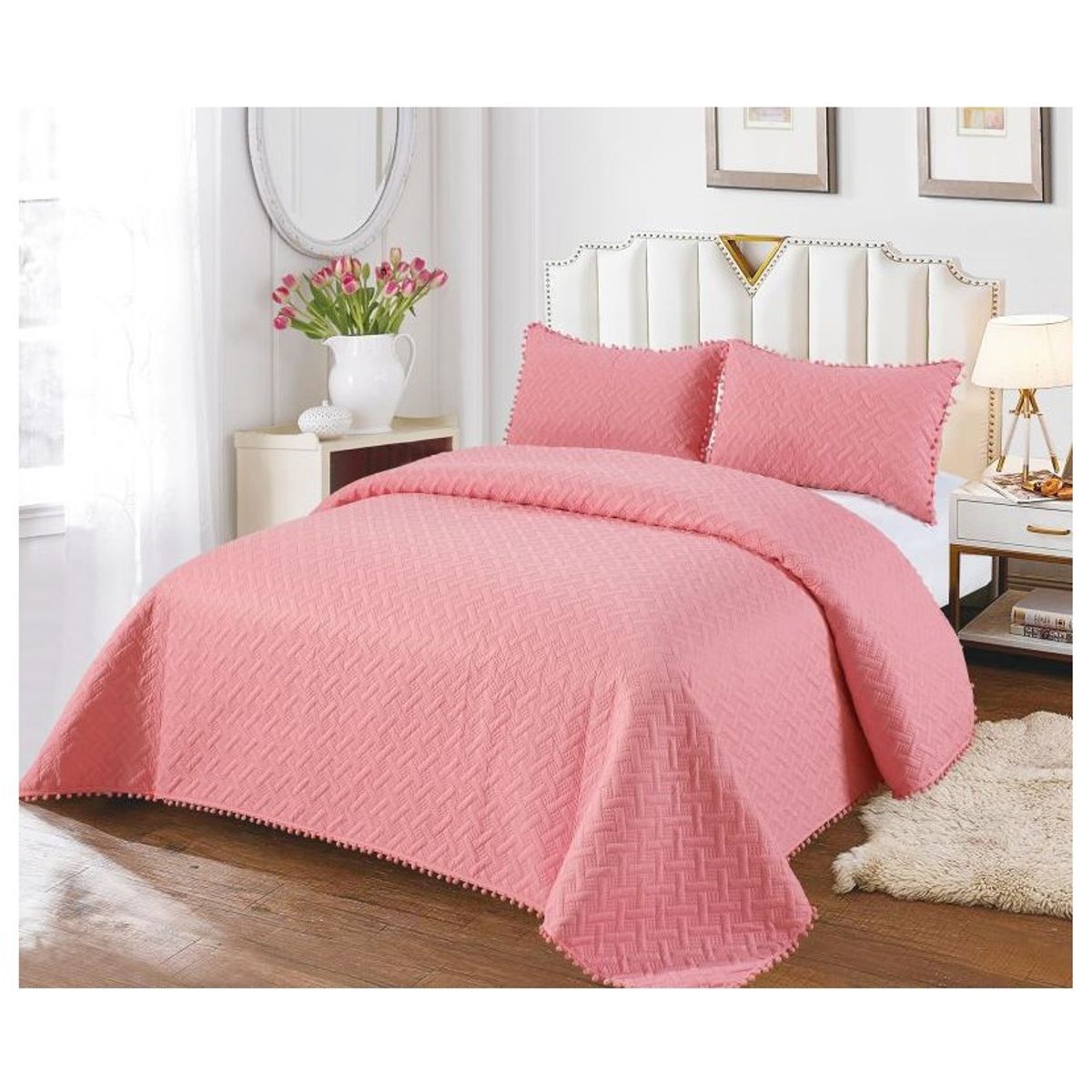 COMPRAPO - Cubrecama Quilt Pompones 2 Plazas + 2 Fundas Rosa