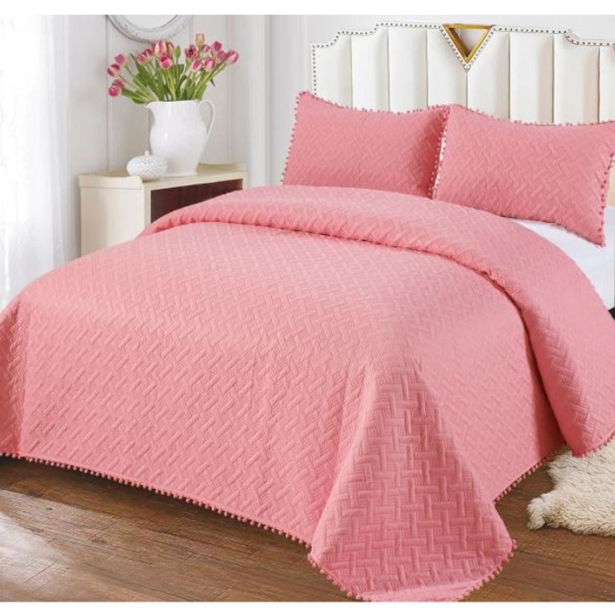 COMPRAPO - Cubrecama Quilt Pompones 2 Plazas + 2 Fundas Rosa
