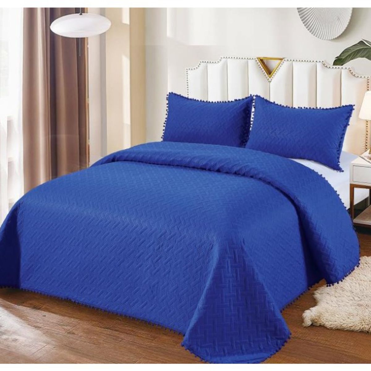 COMPRAPO - Cubrecama Quilt Pompones 2 Plazas + 2 Fundas Azul