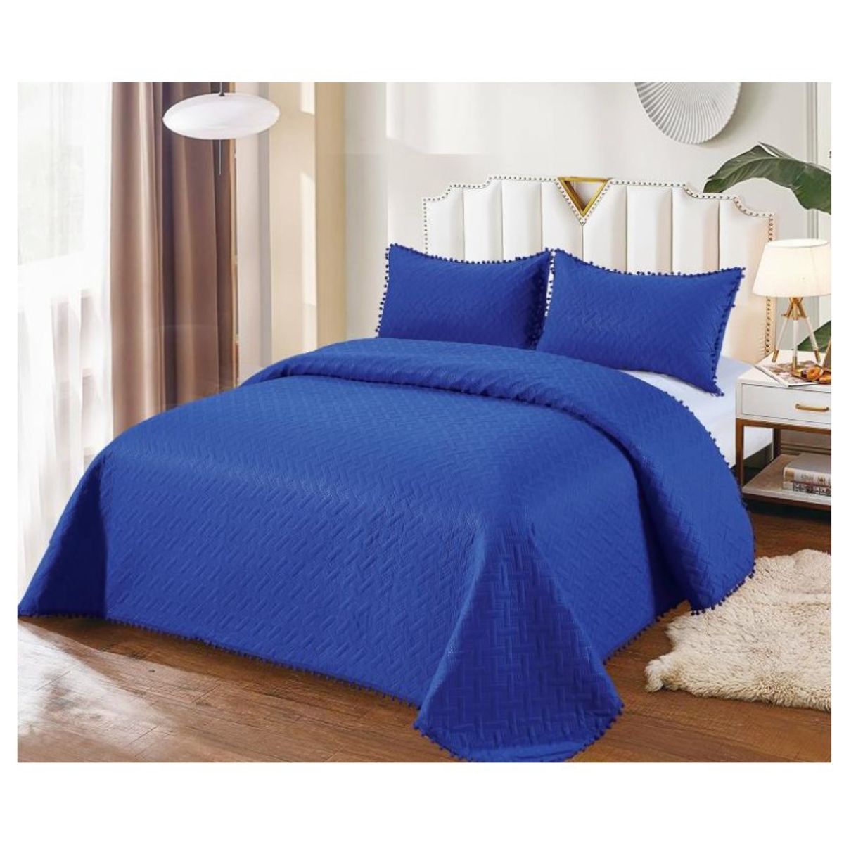 COMPRAPO - Cubrecama Quilt Pompones 2 Plazas + 2 Fundas Azul