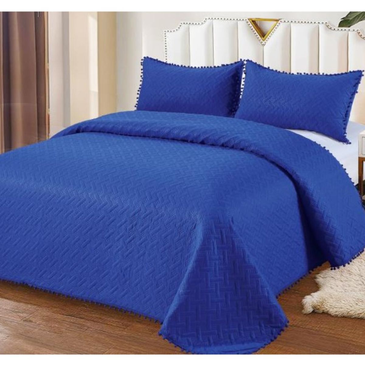 COMPRAPO - Cubrecama Quilt Pompones 2 Plazas + 2 Fundas Azul