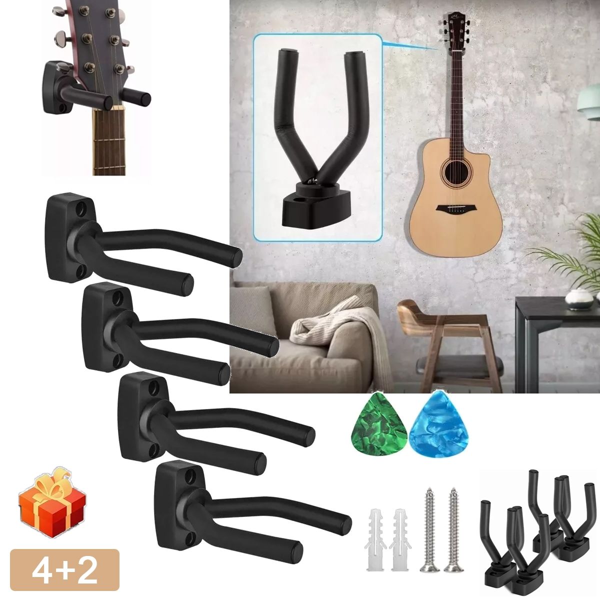 EDWINAYY - Soporte Colgador De Pared Para Guitarra Anticaída 4 Uds