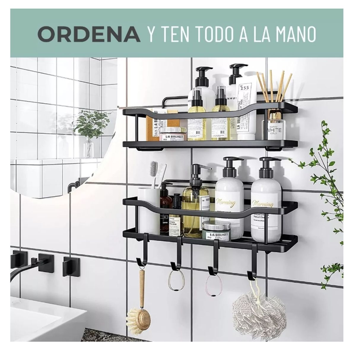 GENERICO - Organizador De Ducha Adhesivo Set 2 Inoxidable Color Negro