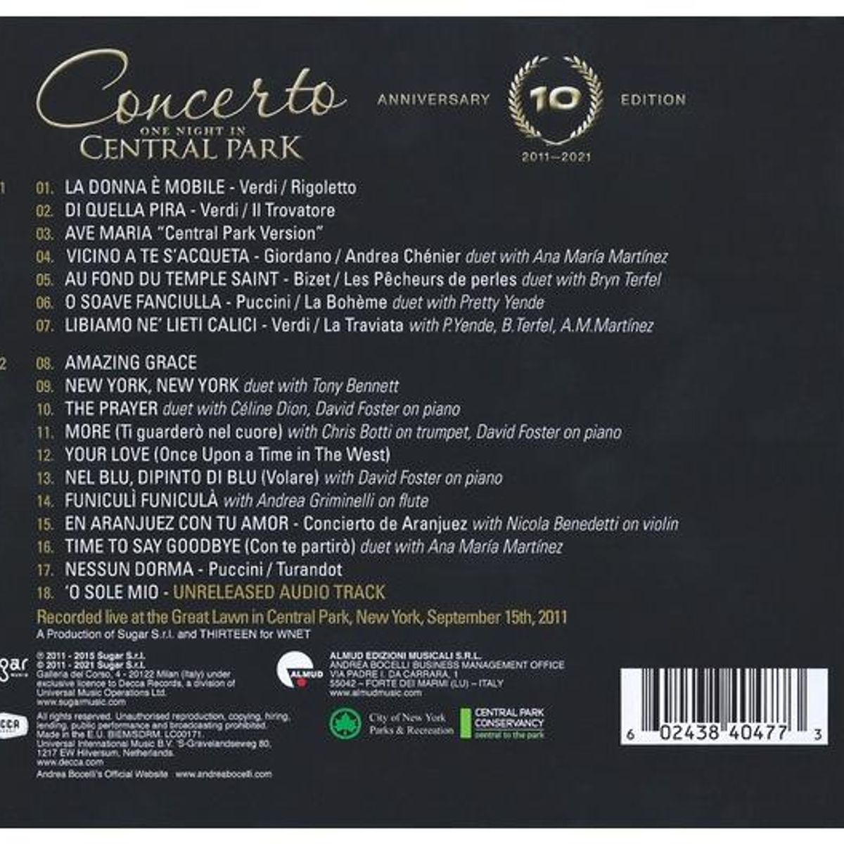 HITWAY MUSIC - ANDREA BOCELLI- CONCERTOONE NIGHT IN CENTRAL PARK-CD HITWAY