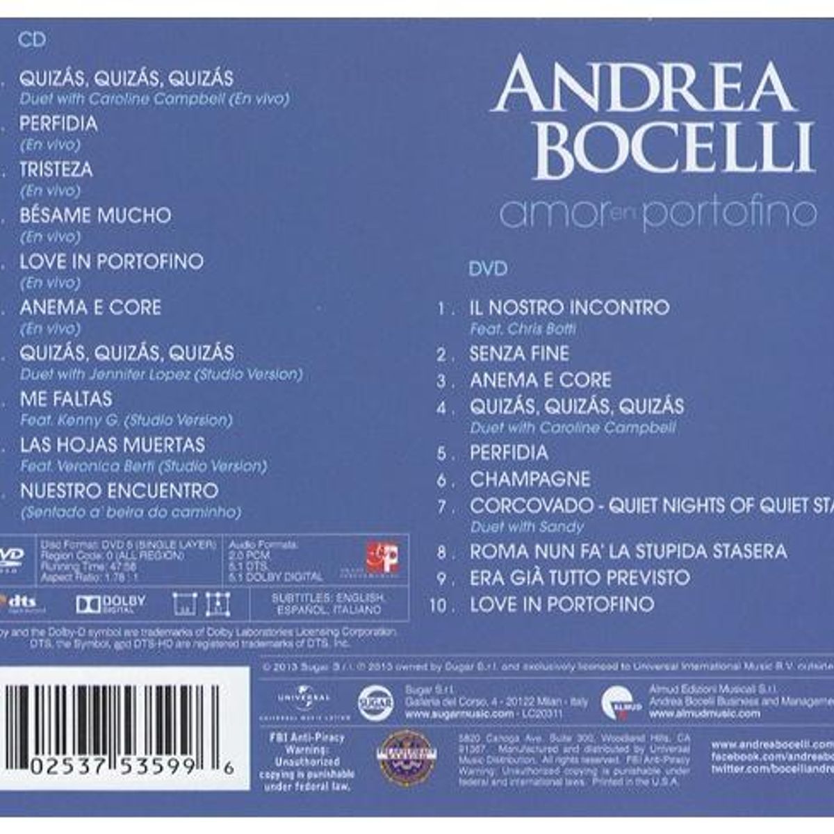 HITWAY MUSIC - ANDREA BOCELLI - LOVE IN PORTOFINO CD+DVD-CD HITWAY MUSIC