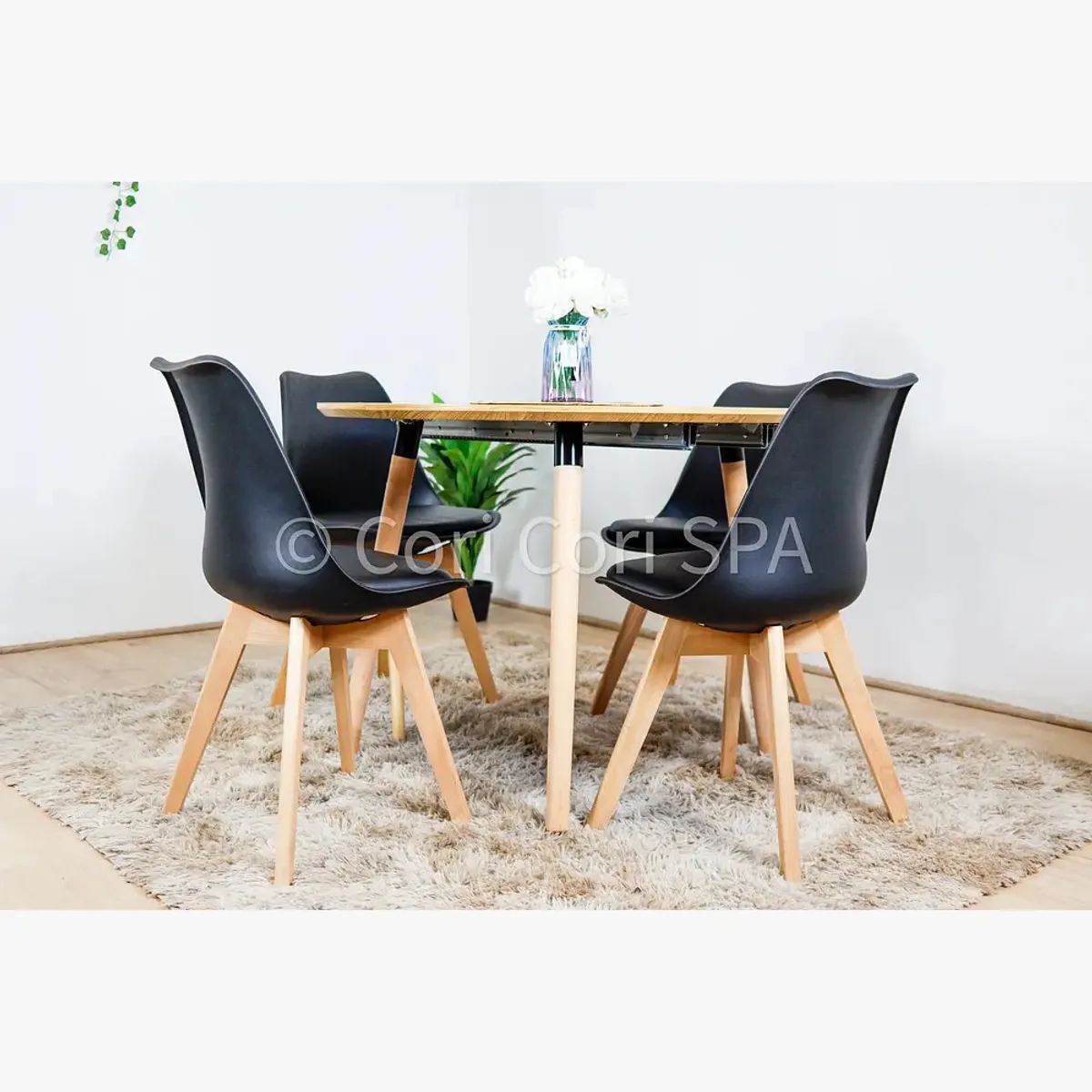 CORI CORI - Juego de Comedor Expandible 100-140-180CMS + 4 Sillas Tulip Negras