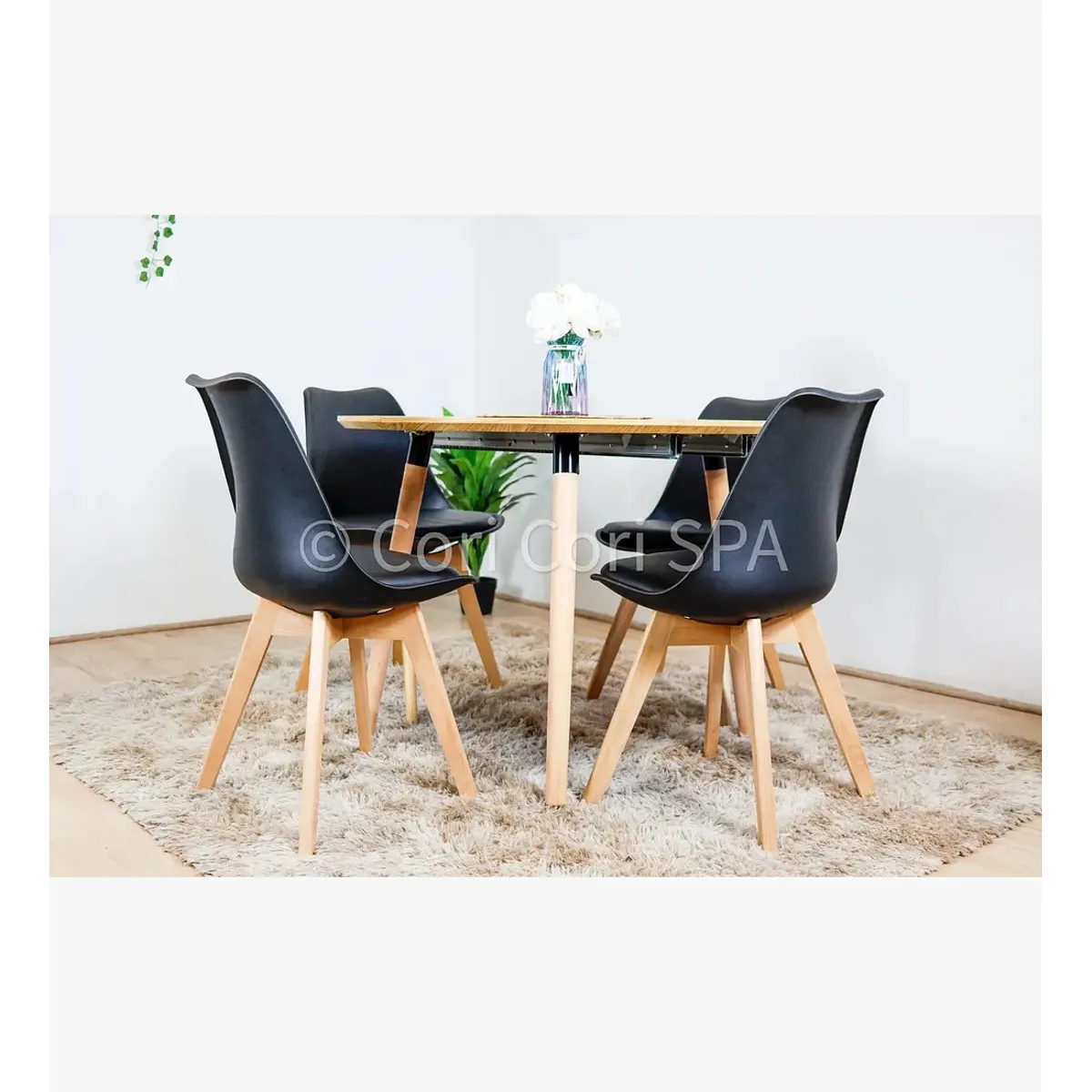 CORI CORI - Juego de Comedor Expandible 100-140-180CMS + 4 Sillas Tulip Negras