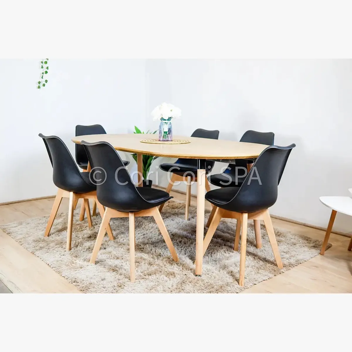CORI CORI - Juego de Comedor Expandible 100-140-180CMS + 4 Sillas Tulip Negras