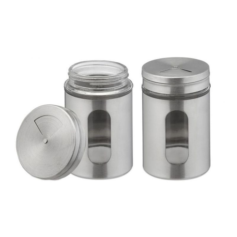 BAZUCA - Set 2 Salero Especieros Acero Inoxidable Con Dosificador Visor Tapa