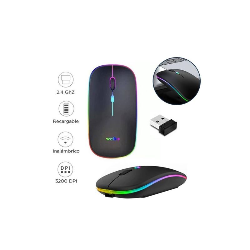 GENERICO - Mouse Óptico Inalámbrico recargable LED RF 6800 NEGRO
