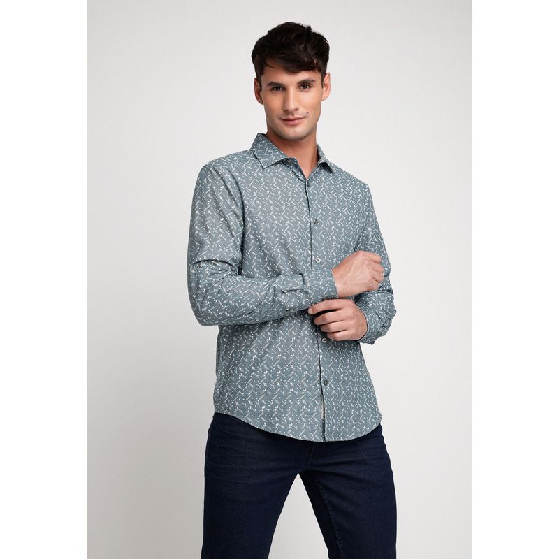 PERRY ELLIS - Camisa Hombre Manga Larga Algodón Estampada Verde Perry Ellis