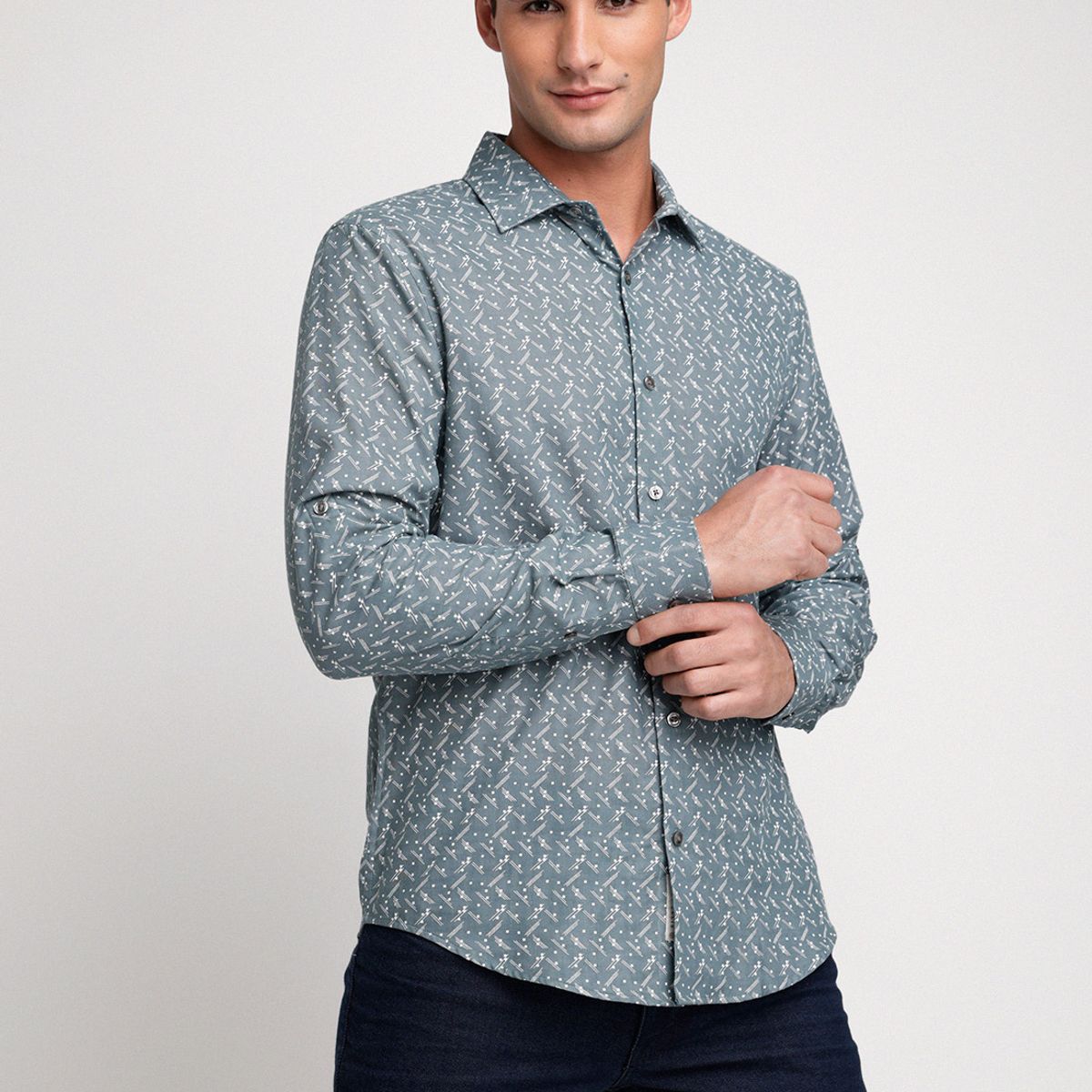 PERRY ELLIS - Camisa Hombre Manga Larga Algodón Estampada Verde Perry Ellis