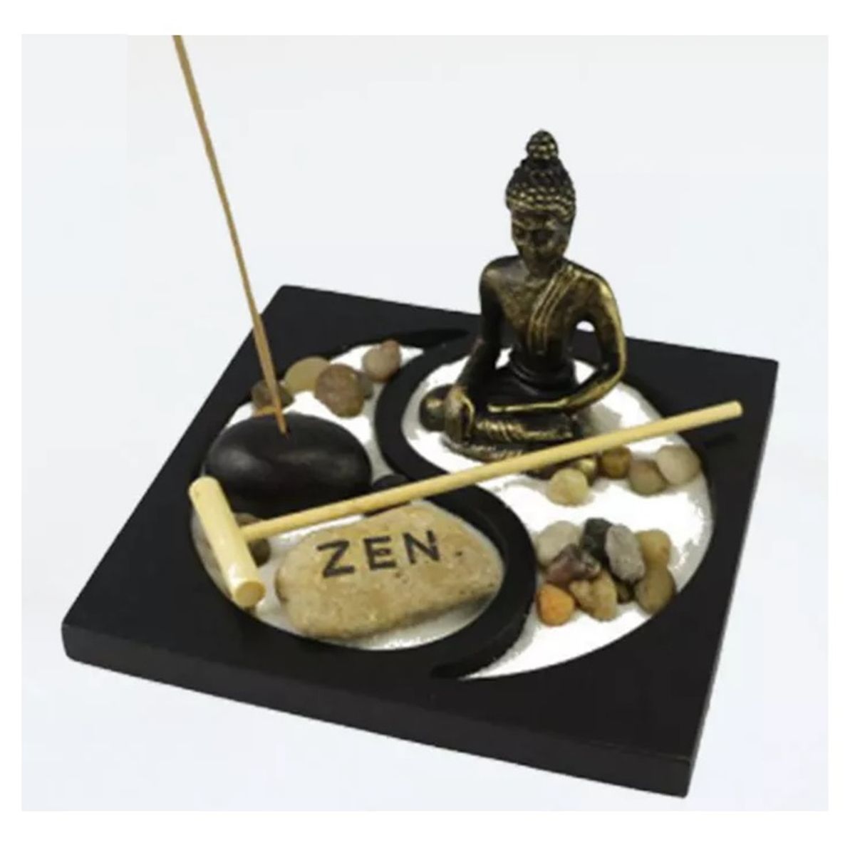 GENERICO - PORTA INCIENSO DE BUDA EN BANDEJA DE ARENA Y PIEDRAS