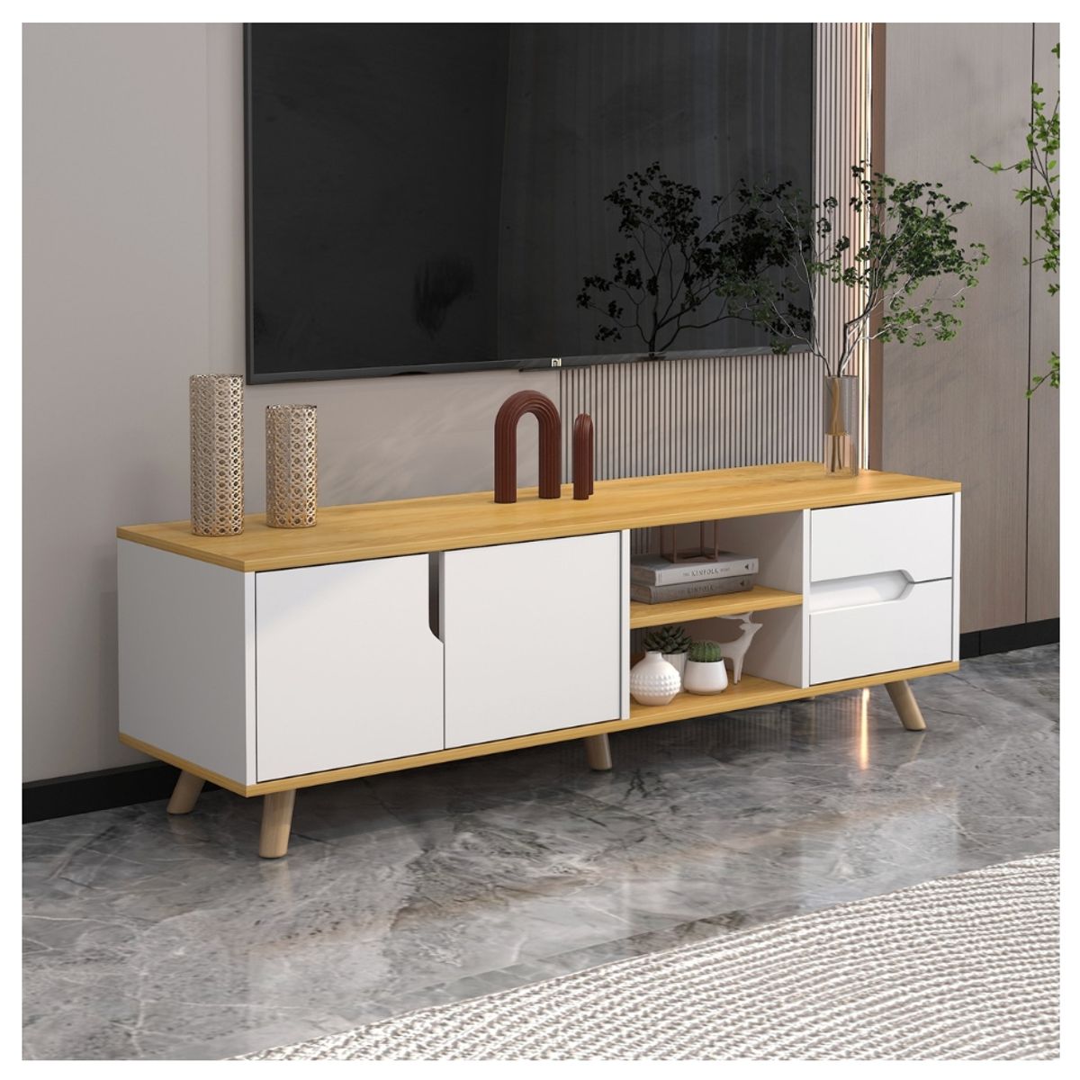 HOMER DESIGN - Rack Tv Moderno 140x30x44cm 2 Tiras 2 Puerta Vanguardia