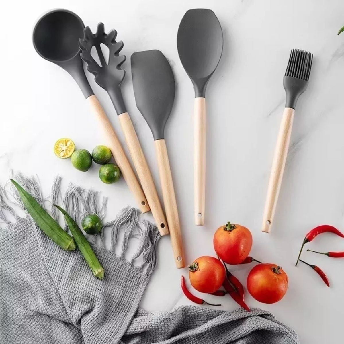 GENERICO - Set 12 Utensilios Cocina Mango  Y Madera Repostería