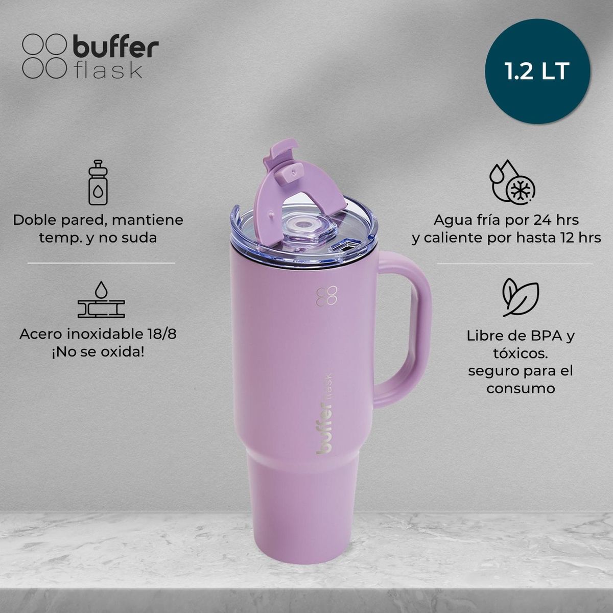BUFFER FLASK - Vaso Termico Mug Buffer 1,2 Lt  Inox Frio  Calor - Lavanda