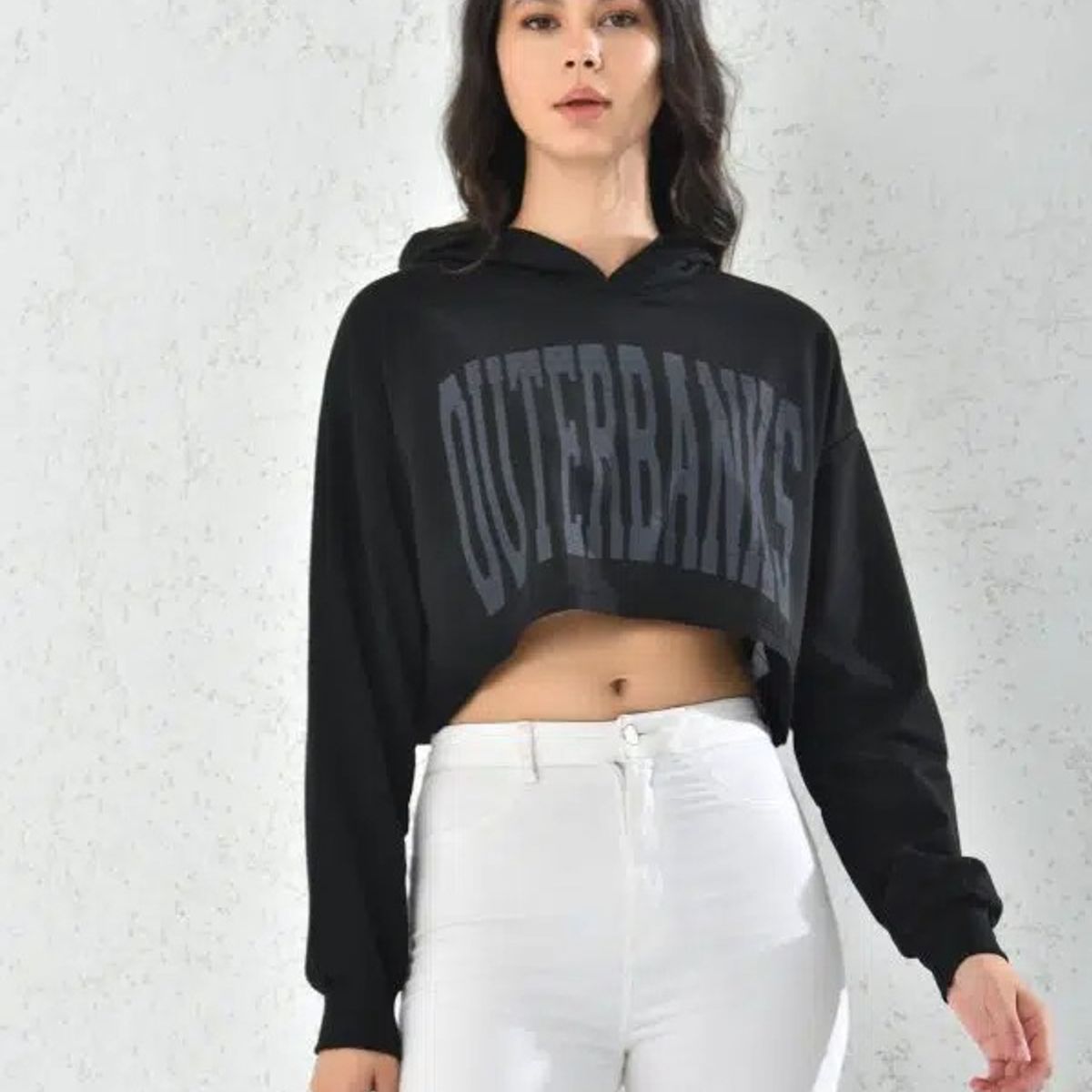 MROTTO - Poleron Crop Outerbanks Mujer Negro Con Capucha
