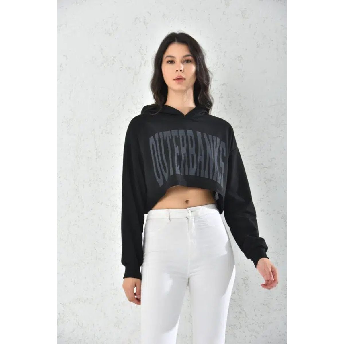 MROTTO - Poleron Crop Outerbanks Mujer Negro Con Capucha