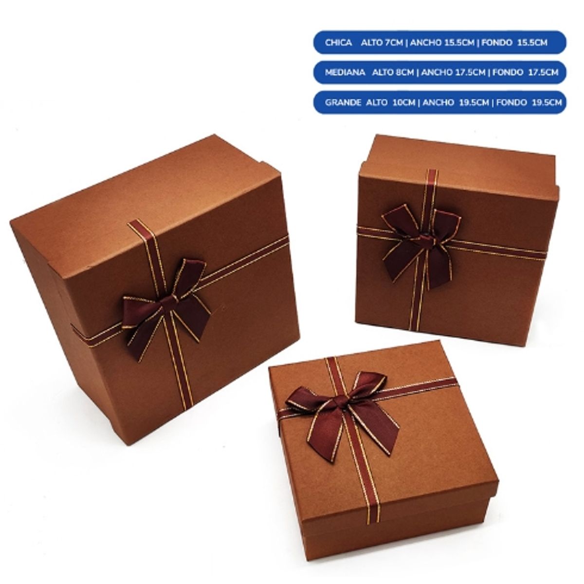 GENERICO - Caja Cuadrada Triple Marron Con Lazo