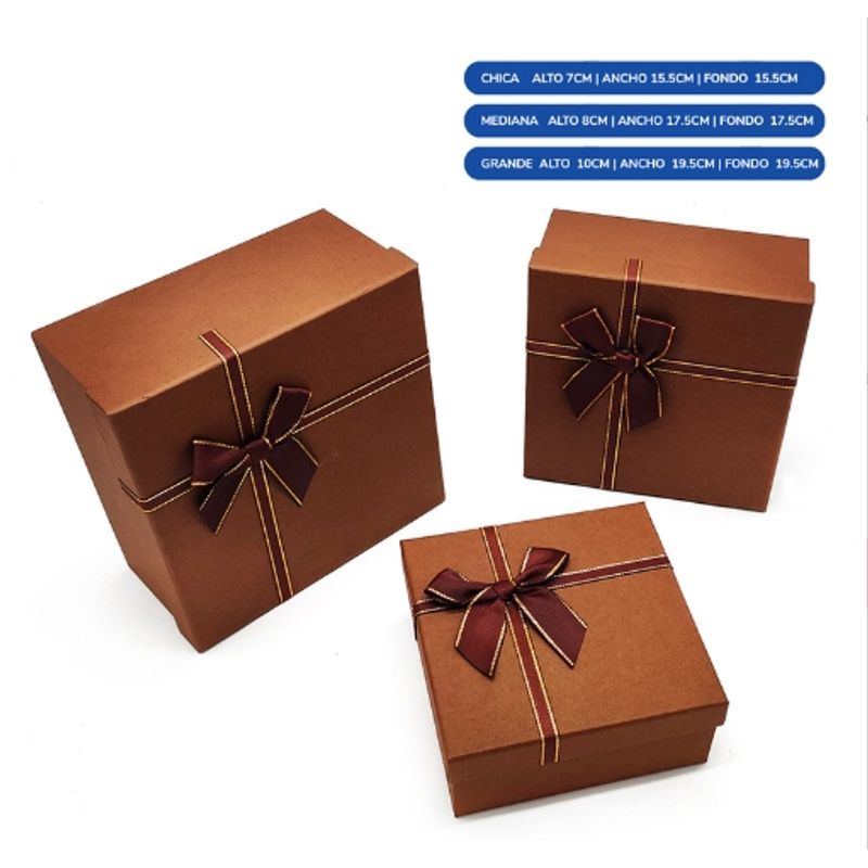 GENERICO - Caja Cuadrada Triple Marron Con Lazo