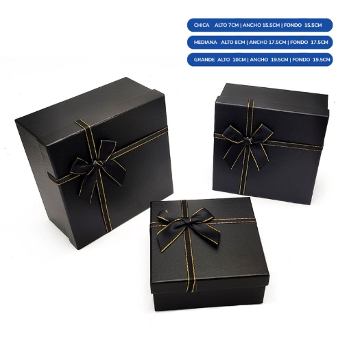 GENERICO - Caja Cuadrada Triple Negro Con Lazo