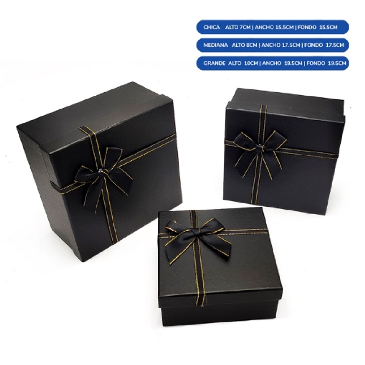 GENERICO - Caja Cuadrada Triple Negro Con Lazo
