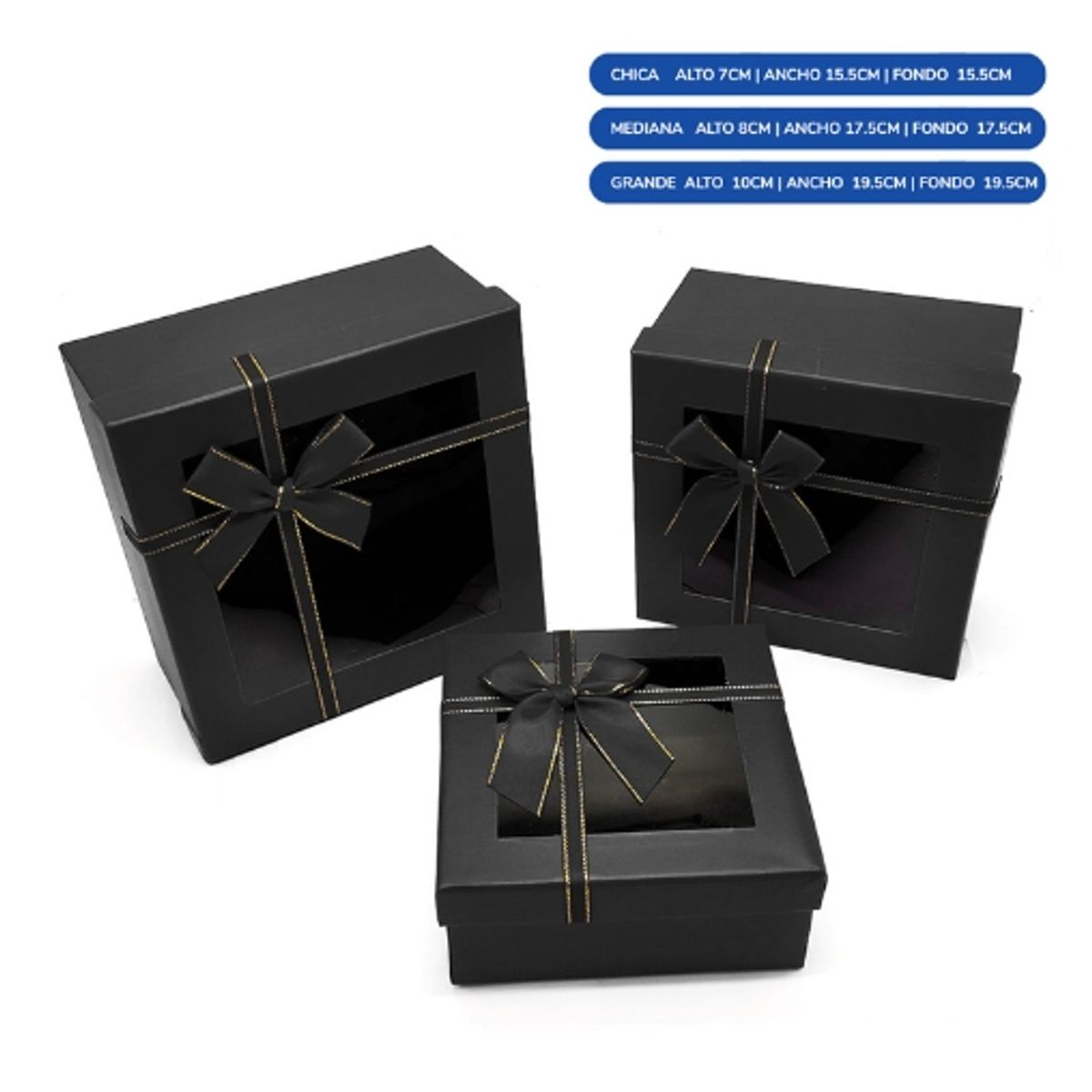 GENERICO - Caja Cuadrada Triple Ventan Negro Con Lazo