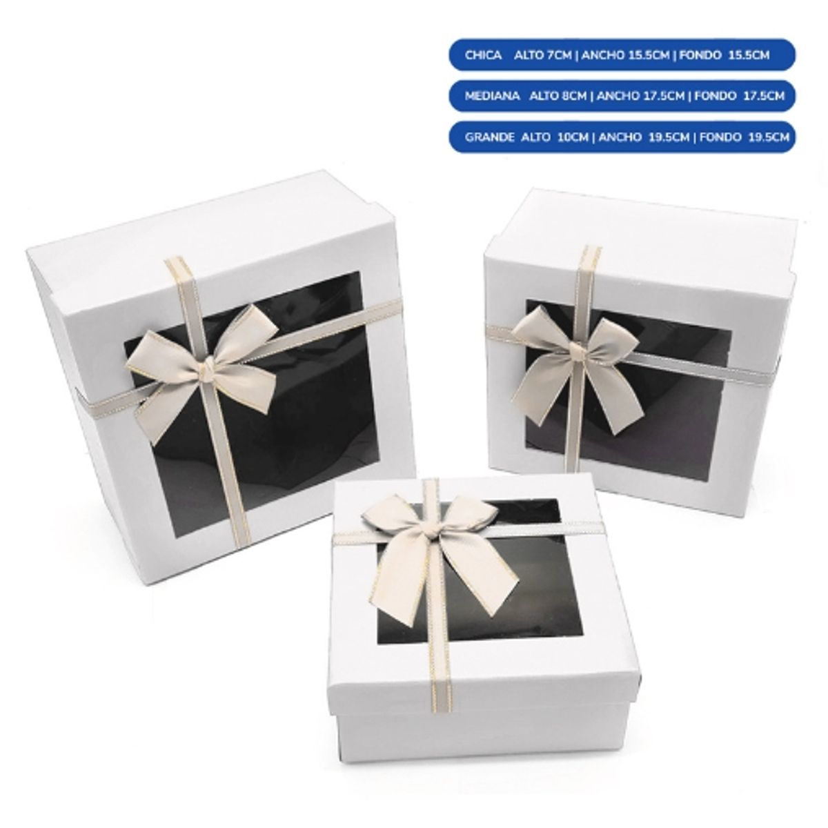 GENERICO - Caja Cuadrada Triple Ventan Blanco Con Lazo