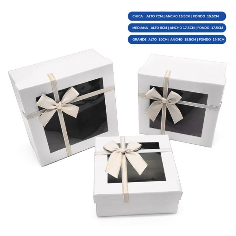GENERICO - Caja Cuadrada Triple Ventan Blanco Con Lazo
