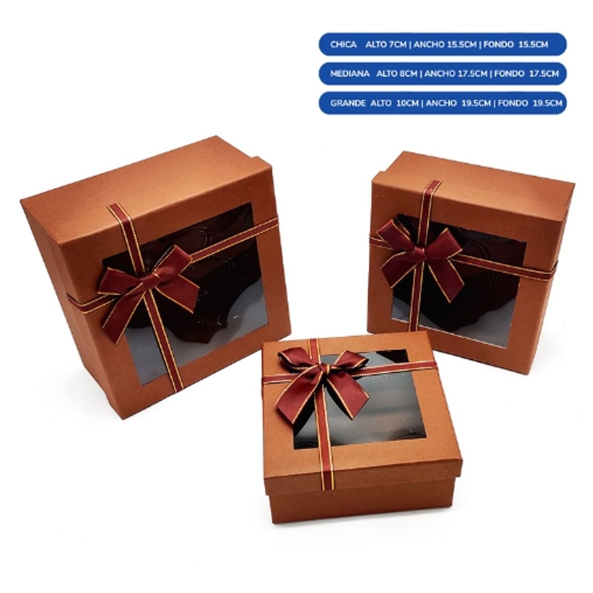 GENERICO - Caja Cuadrada Triple Ventan Marron Con Lazo
