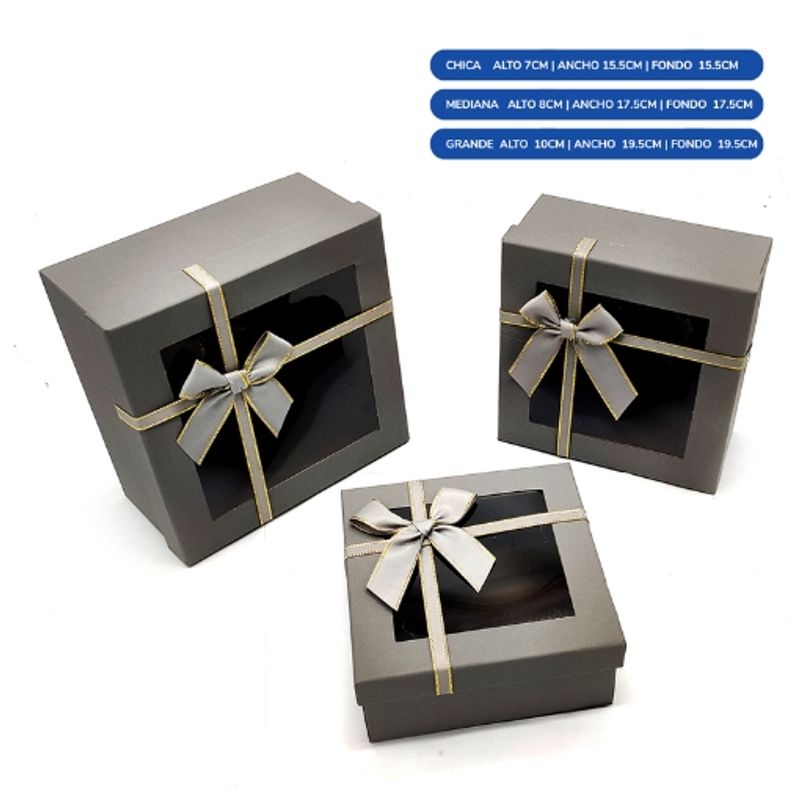 GENERICO - Caja Cuadrada Triple Ventan Gris Con Lazo