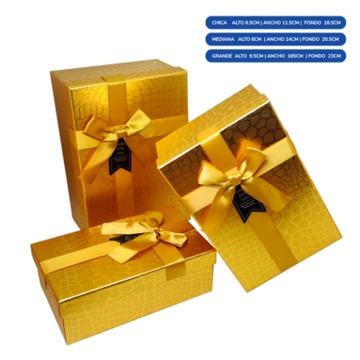 GENERICO - Caja Rectangular Triple Dorado Con Lazo