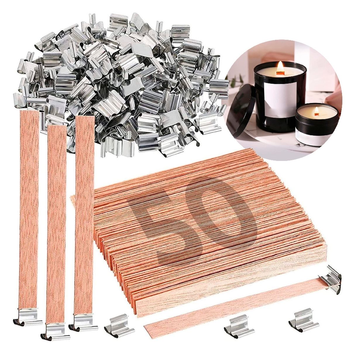 GENERICO - Mechas De Madera Con Soporte Para Velas 13 X 130 Mm 50 Unds