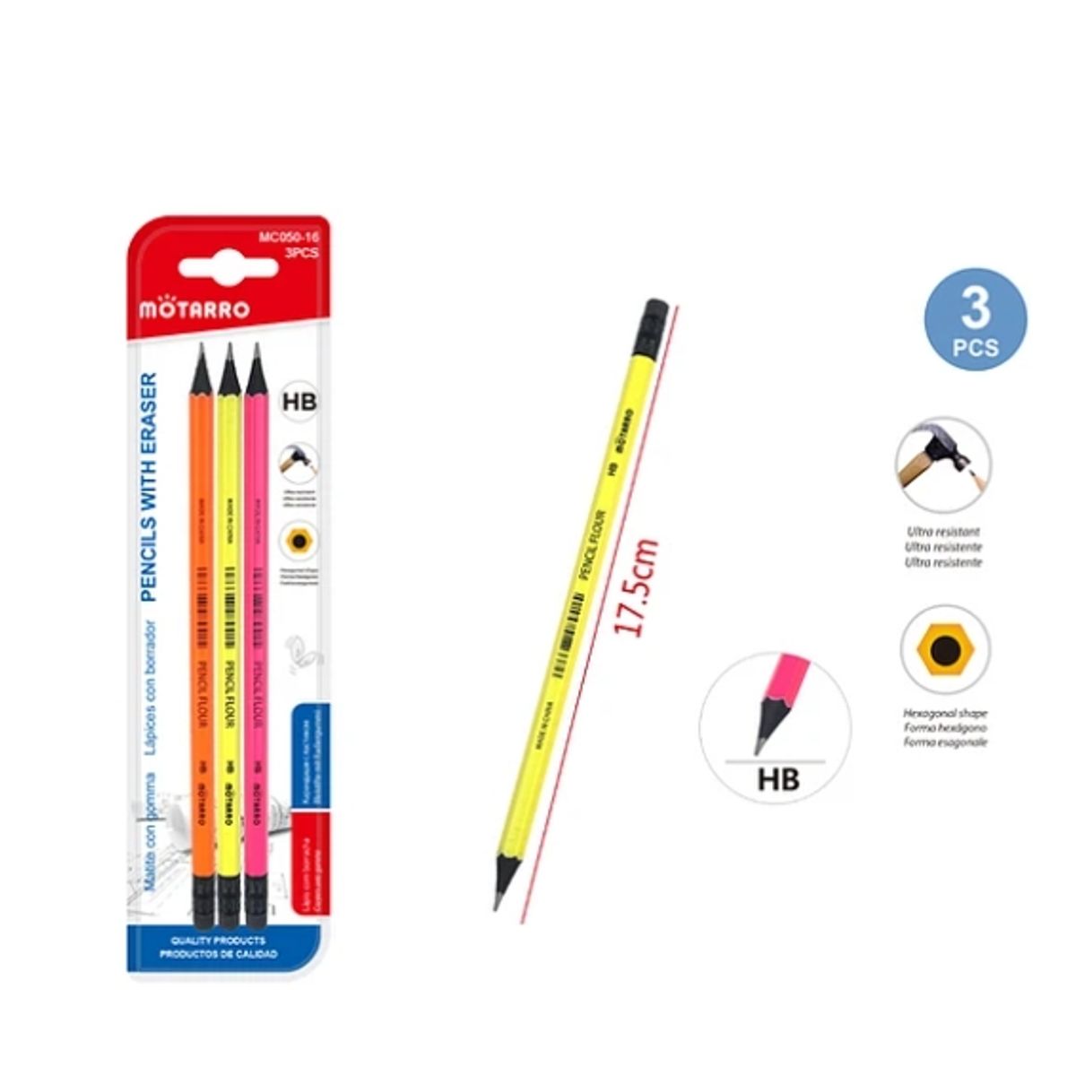 GENERICO - Lápiz Gráfito Color Fluor HB 3 Pcs