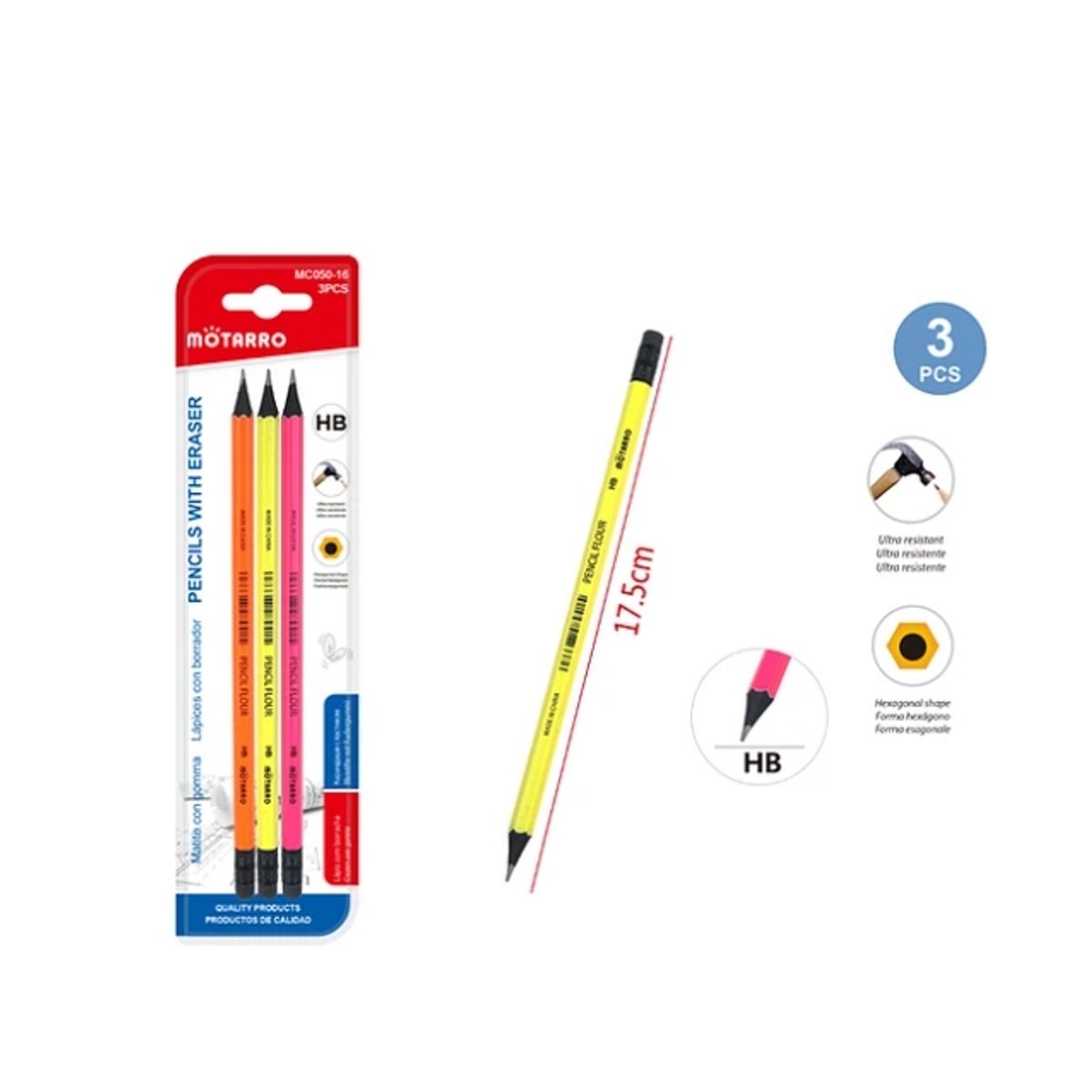 GENERICO - Lápiz Gráfito Color Fluor HB 3 Pcs