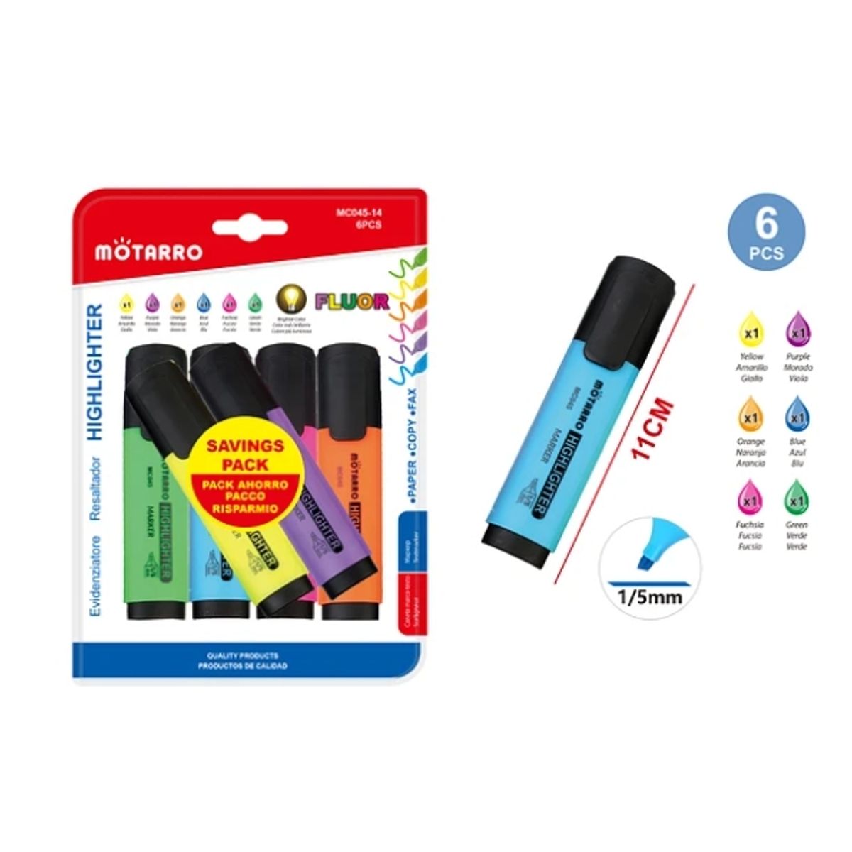 GENERICO - Destacador Pack Fluor 11 Cms 6 Pcs