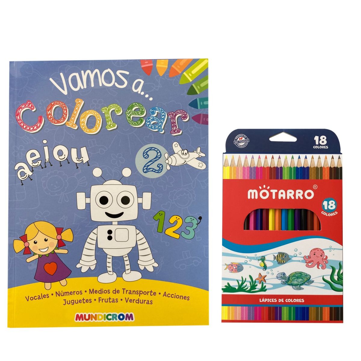 MUNDICROM - Libro Vamos a colorear AEIOU - 123 + 18 lápices de colores