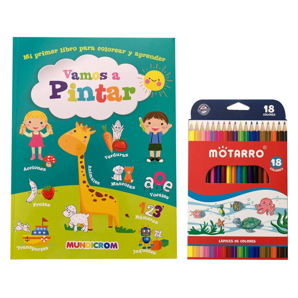 MUNDICROM - Vamos a pintar -Mi primer libro para colorear y aprender + 18 lápices de colores
