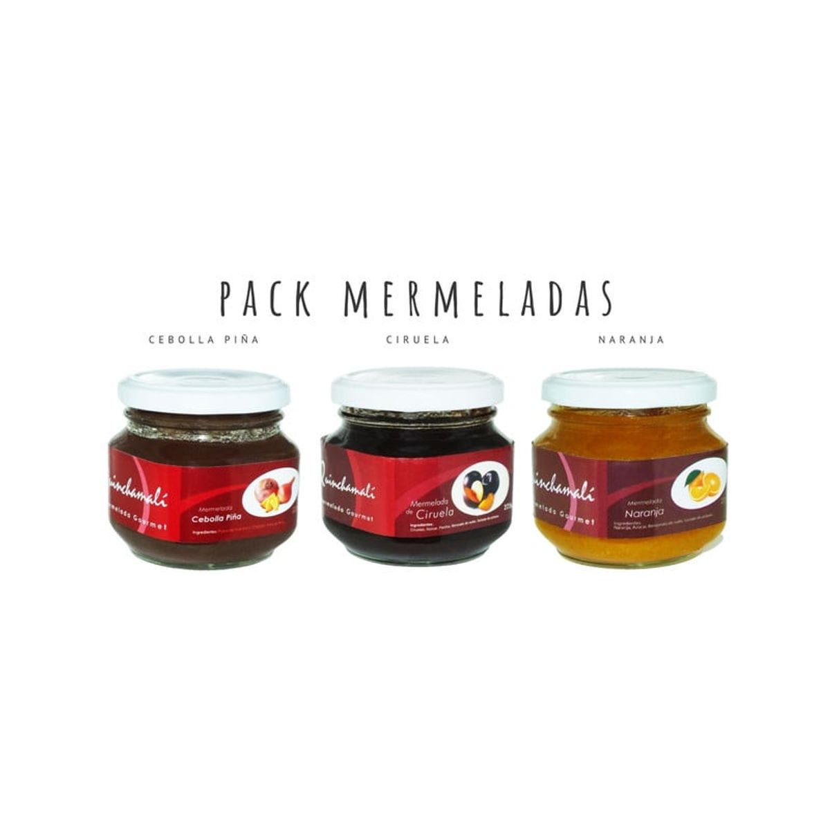 QUINCHAMALI MERMELADA GOURMET - Pack Cebolla piña Ciruela Naranja
