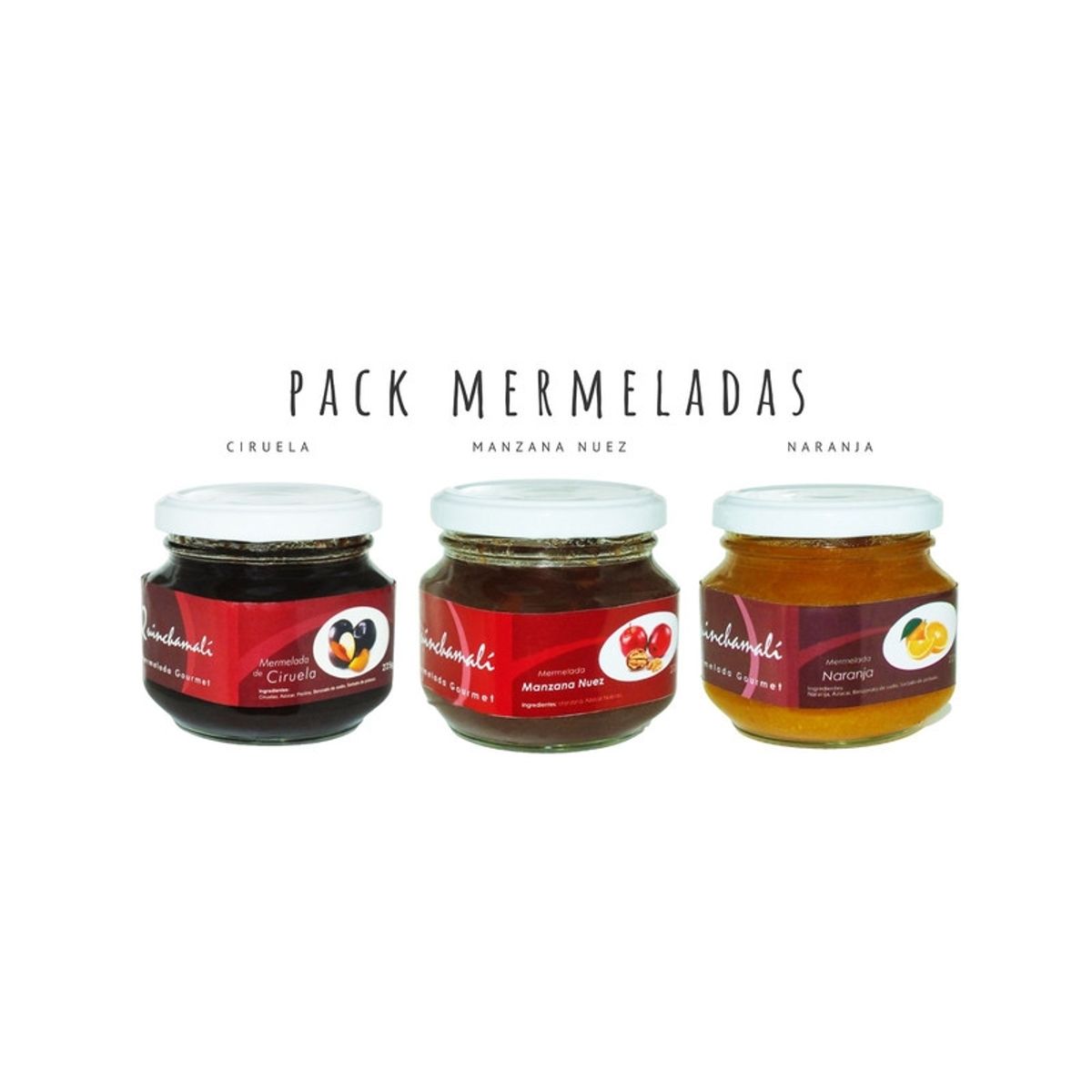 QUINCHAMALI MERMELADA GOURMET - Pack Ciruela Manzana nuez Naranja