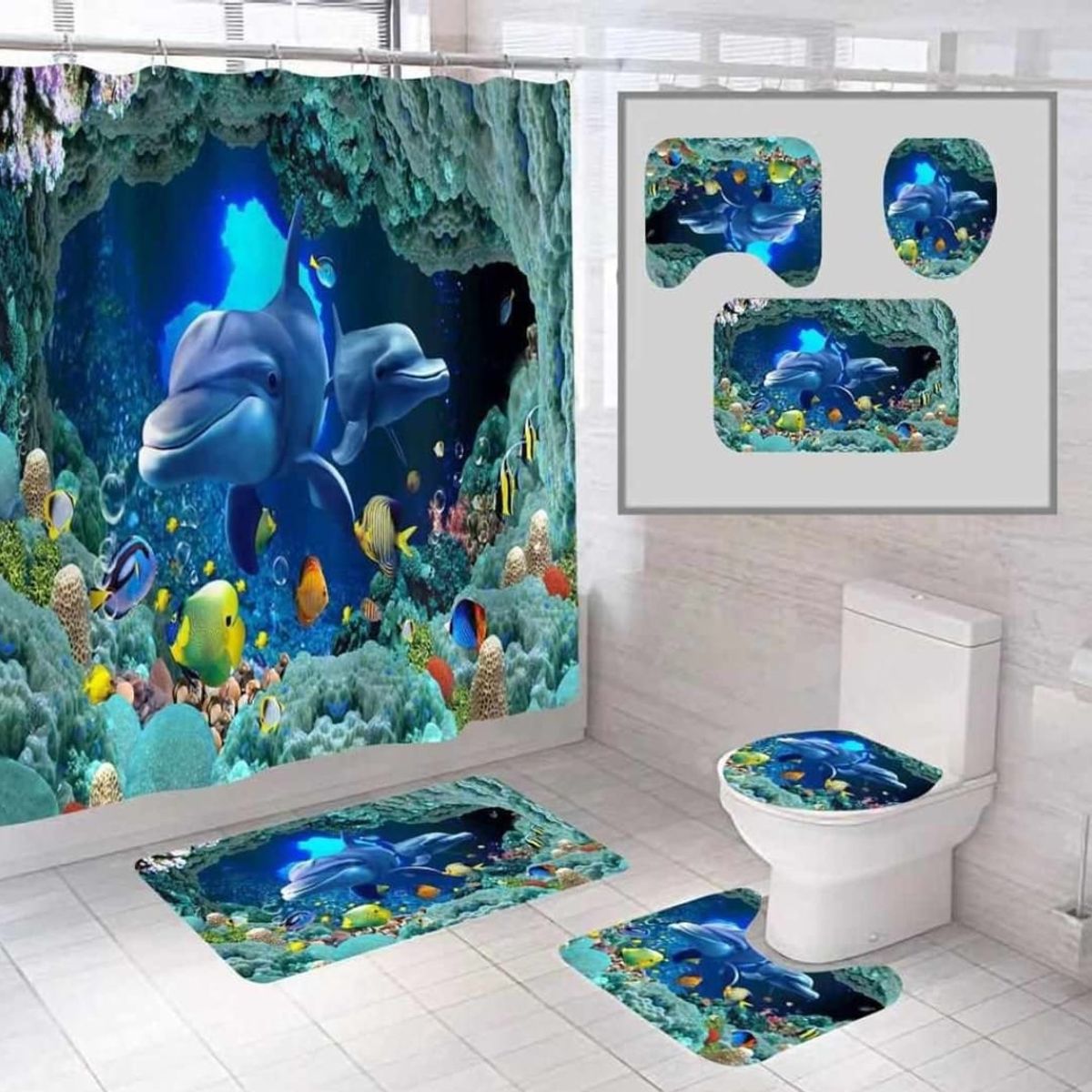 GENERICO - SET de baño COMPLETO 4 piezas CON DISEÑO DE MULTICOLOR