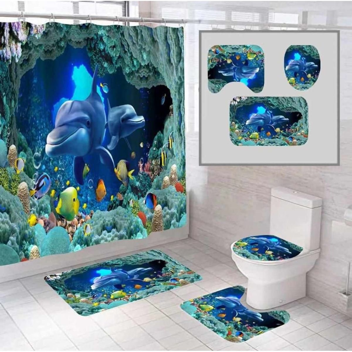 GENERICO - SET de baño COMPLETO 4 piezas CON DISEÑO DE MULTICOLOR