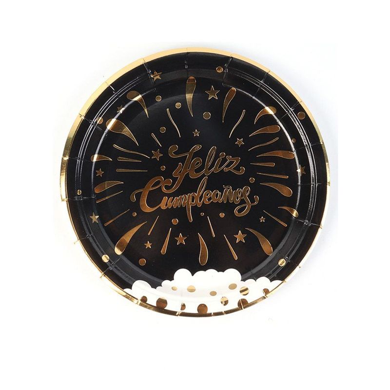 GENERICO - Platos De Cartón Feliz Cumpleaños Negro y Dorado 6pcs 23cm