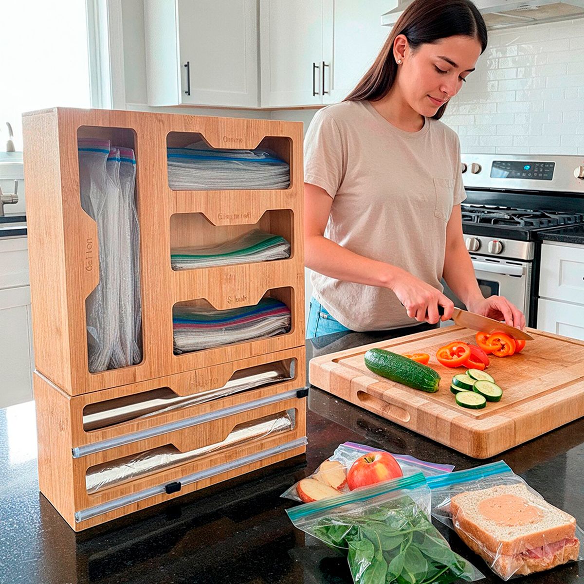 VENHOOUSE - Organizador Dispensador Bolsas Film Papel Aluminio 6 En 1 Bambú