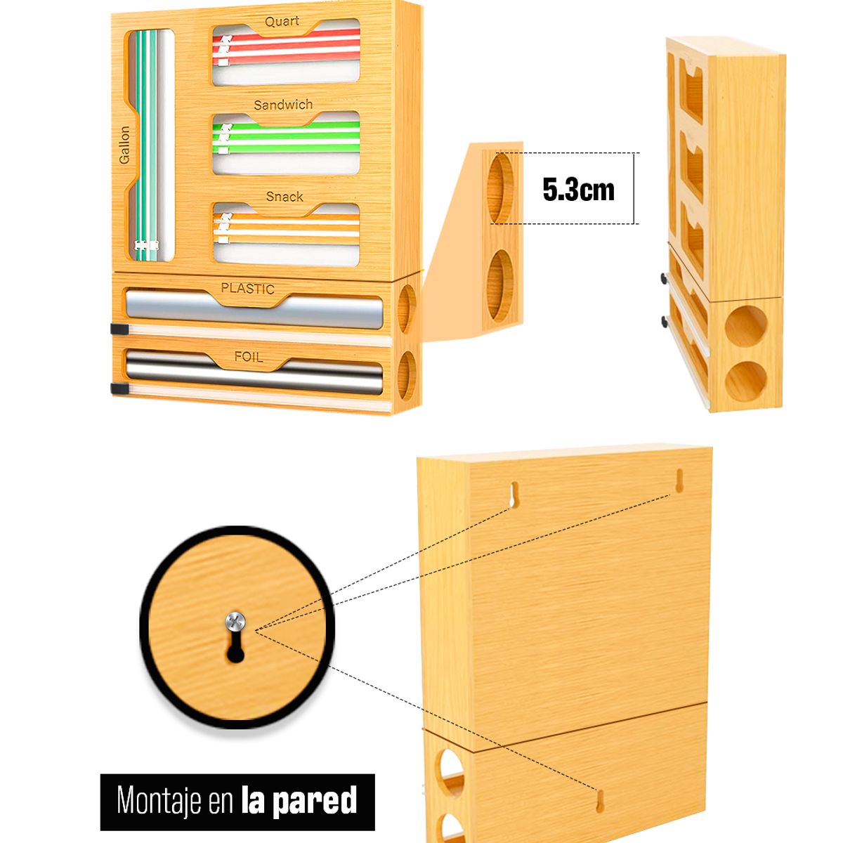 VENHOOUSE - Organizador Dispensador Bolsas Film Papel Aluminio 6 En 1 Bambú