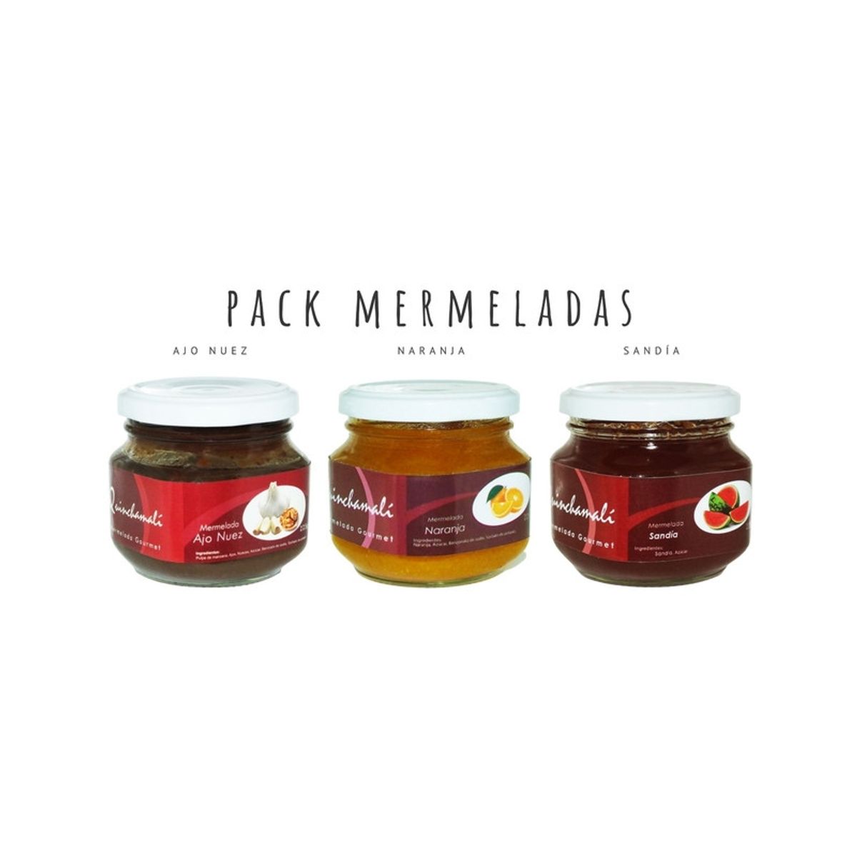 QUINCHAMALI MERMELADA GOURMET - Pack Ajo nuez Naranja Sandía