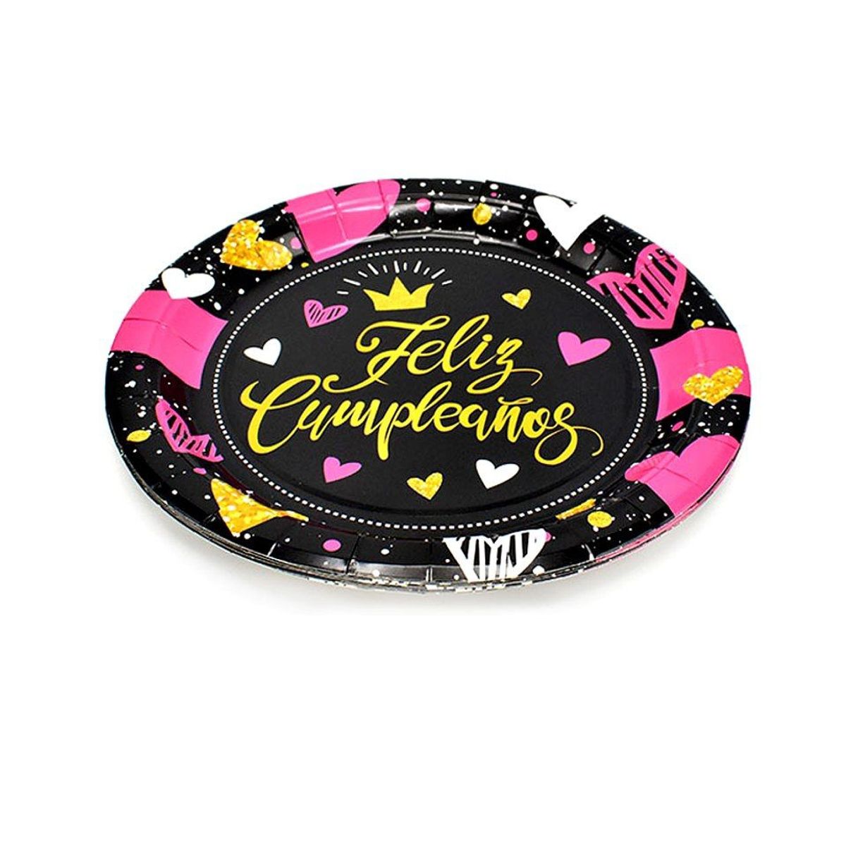 GENERICO - Plato Feliz Cumpleaños Negro y Fucsia 6pcs 18cm