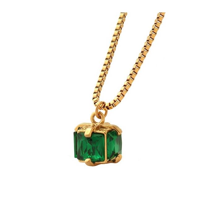 Collar Bano Oro 18k Cubo Esmeralda Dorado TALLA UNICA