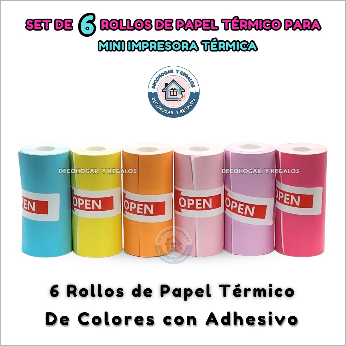 GENERICO - Set 6 Rollos Papel Térmico Adhesivo de Colores Para Mini Impresora