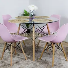 GENERICO - Mesa vidrio 100cm + 4 Silla Eames Rosa